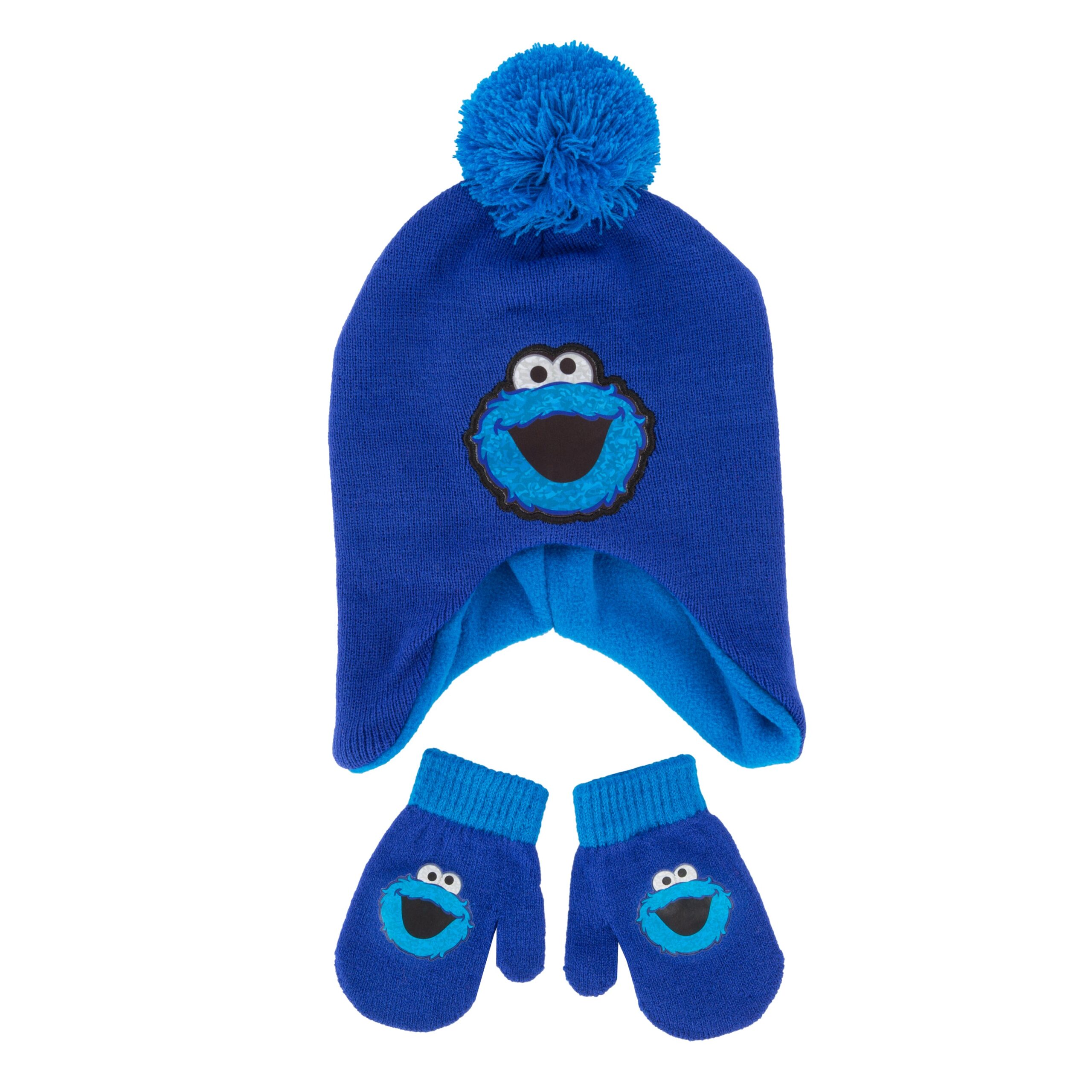 251b1954f8a005c5f25bb05d97070d1bd2dd526b Toddler Cookie Monster Pom Earflap Beanie & Mitten Set - 图片 1